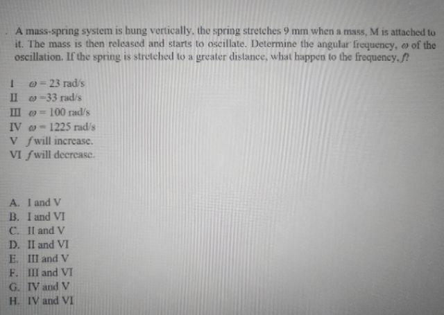 A Mass Spring System Is Hung Vertically The Spring Stretches 9 Mm When A Mass M Is Attached To It The Mass Is Then Re 1