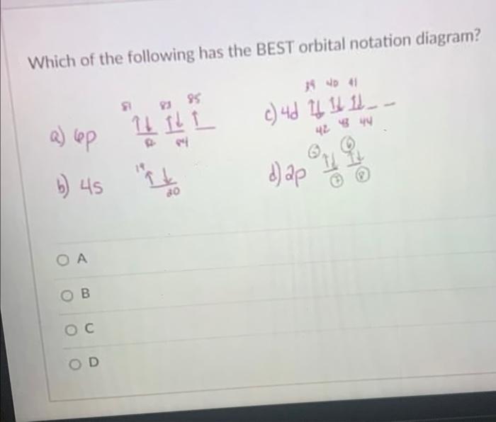 Which Of The Following Has The Best Orbital Notation Diagram No 95 Lt Ll I A Cop 42 43 44 04 C 4d 4 1 2 Q B 45 D Ap 1