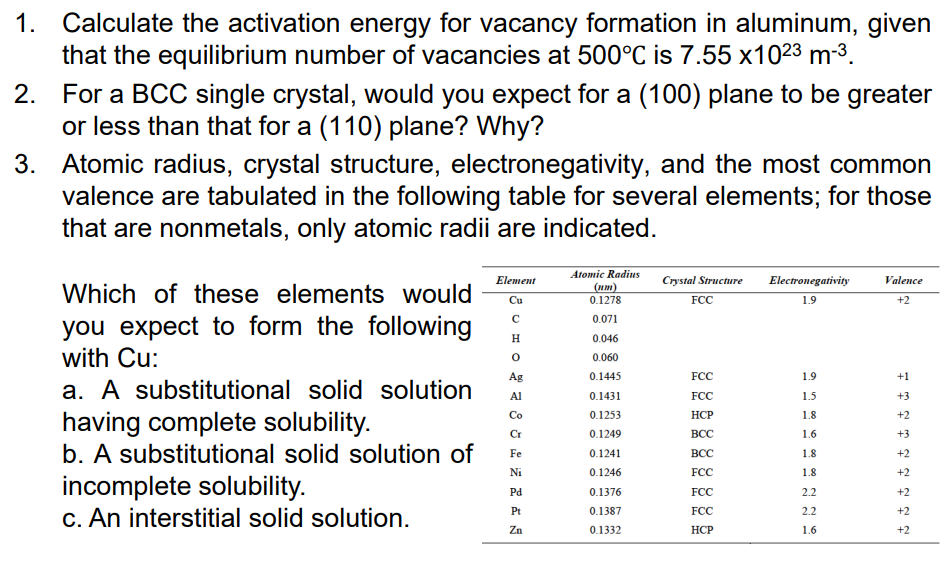 1 Calculate The Activation Energy For Vacancy Formation In Aluminum Given That The Equilibrium Number Of Vacancies At 1