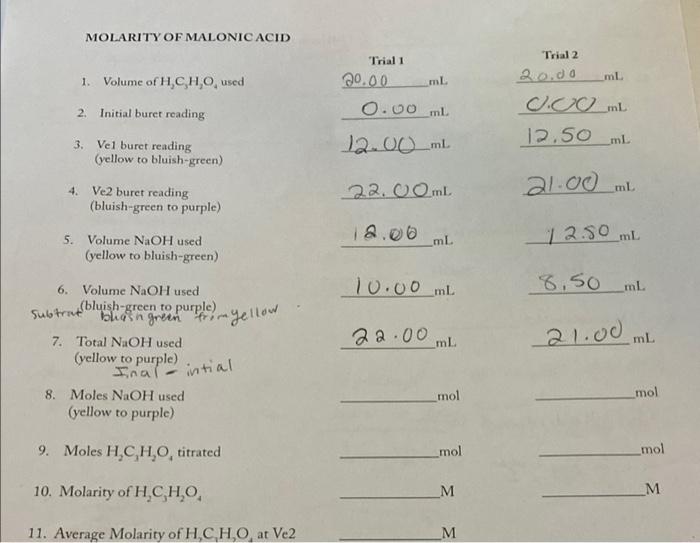 Molarityofmllonicacid Begin Tabular Ll Trial 1 Trial 2 20 00 20 00 Hline 2 00 Ml Hline 0 00 Ml En 1