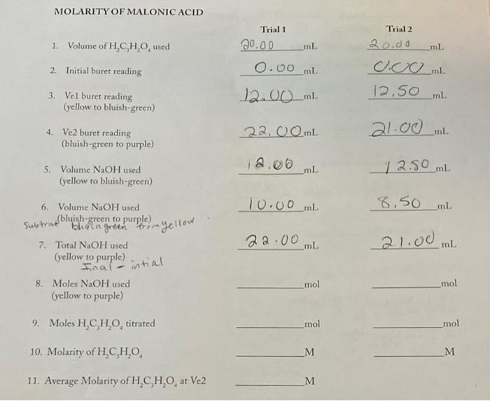 Molarityofmlaonic Acid 1 Volume Of H2 C3 H2 O4 Used Begin Tabular Cl Trial 1 Trial2 0 0020 00 Ml Cll20 00 M 1
