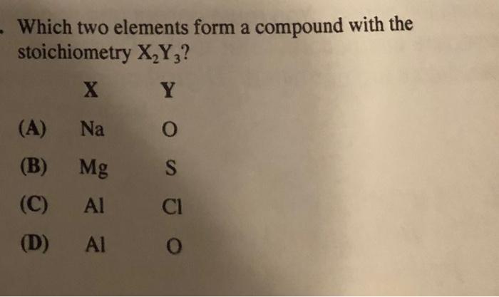 Which Two Elements Form A Compound With The Stoichiometry X2 Y3 A Nao B Mgs C Alcl D Alo A Buffer Solution Co 1