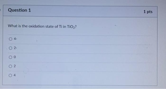 What Is The Oxidation State Of Ti In Tio2 4 2 0 2 4 Which Element Is Oxidized In The Reaction Below Fe2 Cro42 H 1