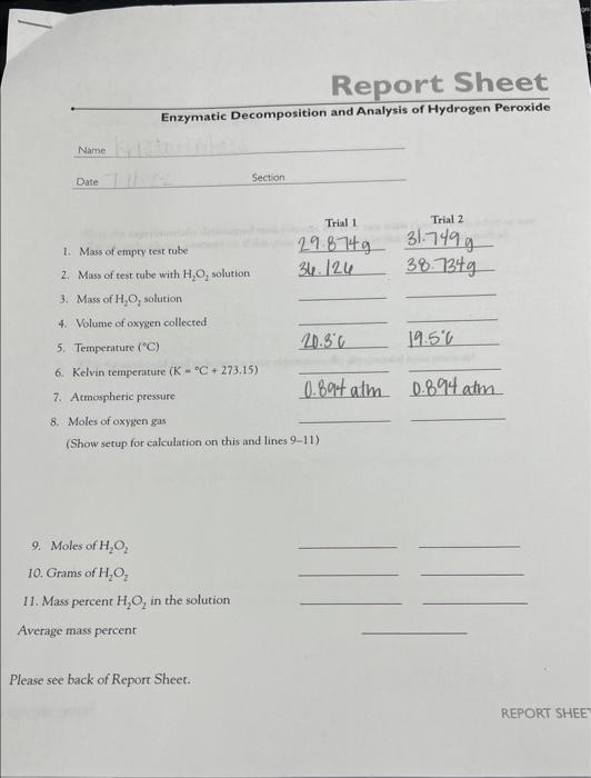 Enzymatic Decomposition And Analysis Of Hydrogen Peroxide Questions 1 How Close Was Your Experimemally Dererasined Mas 1