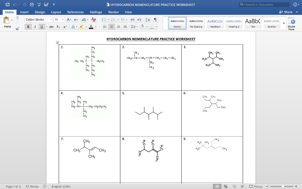 Hydrocarbon Nomenclature Practice Worksheet 1