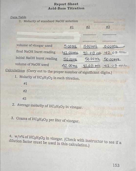 Data Table Calculations Carry Out To The Proper Number Of Significant Digits 1 Molarity Of Hc2 H3 O2 In Each Titrat 1