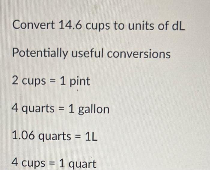 Convert 14 6 Cups To Units Of Dl Potentially Useful Conversions 2 Cups 1 Pint 4 Quarts 1 Gallon 1 06 Quarts 1 L 4 Cup 1