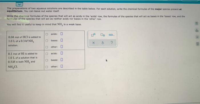 The Preparations Of Two Aqueous Solutions Are Described In The Table Below For Each Solution Write The Chemical Formul 1