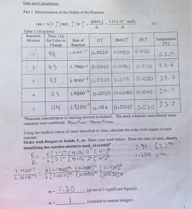 Data And Calculations Part 1 Determination Of The Orders Of The Reaction 1 Rate K 1 Bro T H A Bro 3 33 X 10 M 1
