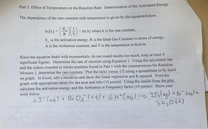 Data And Calculations Part 1 Determination Of The Orders Of The Reaction 1 Rate K 1 Bro T H A Bro 3 33 X 10 M 2