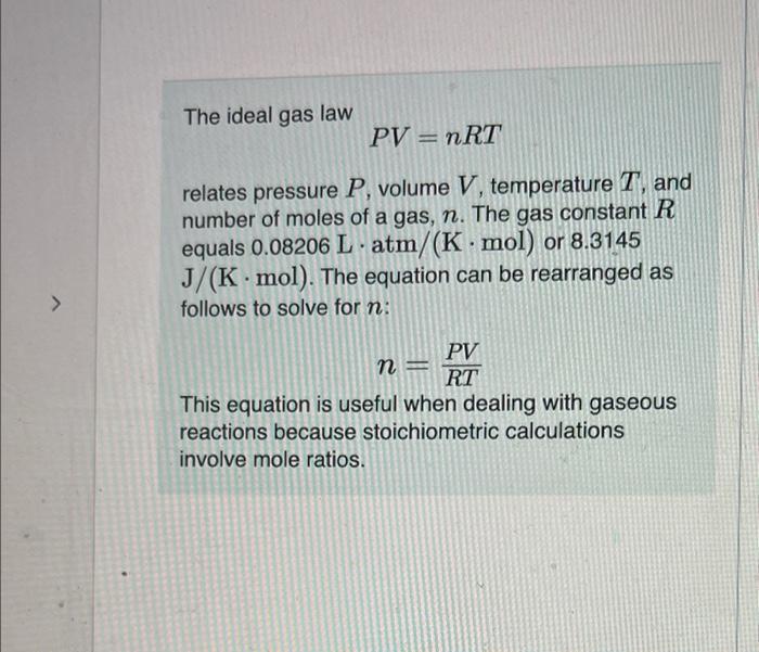 The Ideal Gas Law Pv Nrt Relates Pressure P Volume V Temperature T And Number Of Moles Of A Gas N The Gas Constant 1