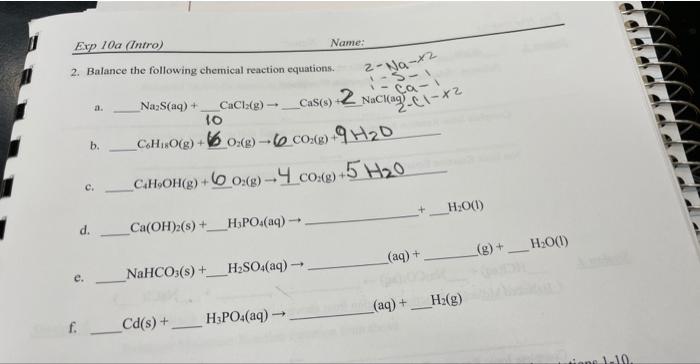 2 Balance The Following Chemical Reaction Equations A B4 Ci C4 H9 Oh G 6o2 G 4co2 G 5h2 O D Ca Oh 2 S H3 1