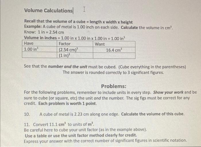Volume Calculations Recall That The Volume Of A Cube Length X Width X Height Example A Cube Of Metal Is 1 00 Inch On 1