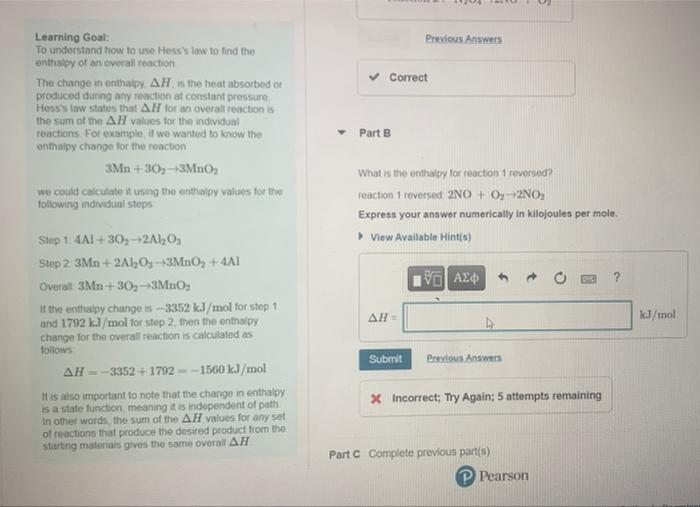 Learning Goal Previous Answers To Understand How To Use Hess S Law To Find The Enthaipy Of An Owerali Feaction The Cha 1