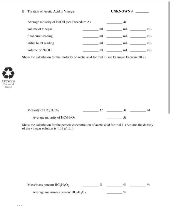 B Titration Of Acetic Acid In Vinegar Unknown Average Molarity Of Naoh See Procedure A M Volume Of Vinegar Ml Ml Ml 1