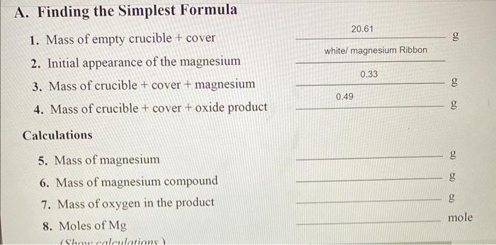 A Finding The Simplest Formula 1 Mass Of Empty Crucible Cover Whitel Magnesium Ribbon 20 61 G 2 Initial Appearanc 1