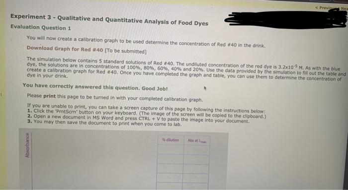 Prev Ne Experiment 3 Qualitative And Quantitative Analysis Of Food Dyes Evaluation Question 1 You Will Now Create A 1