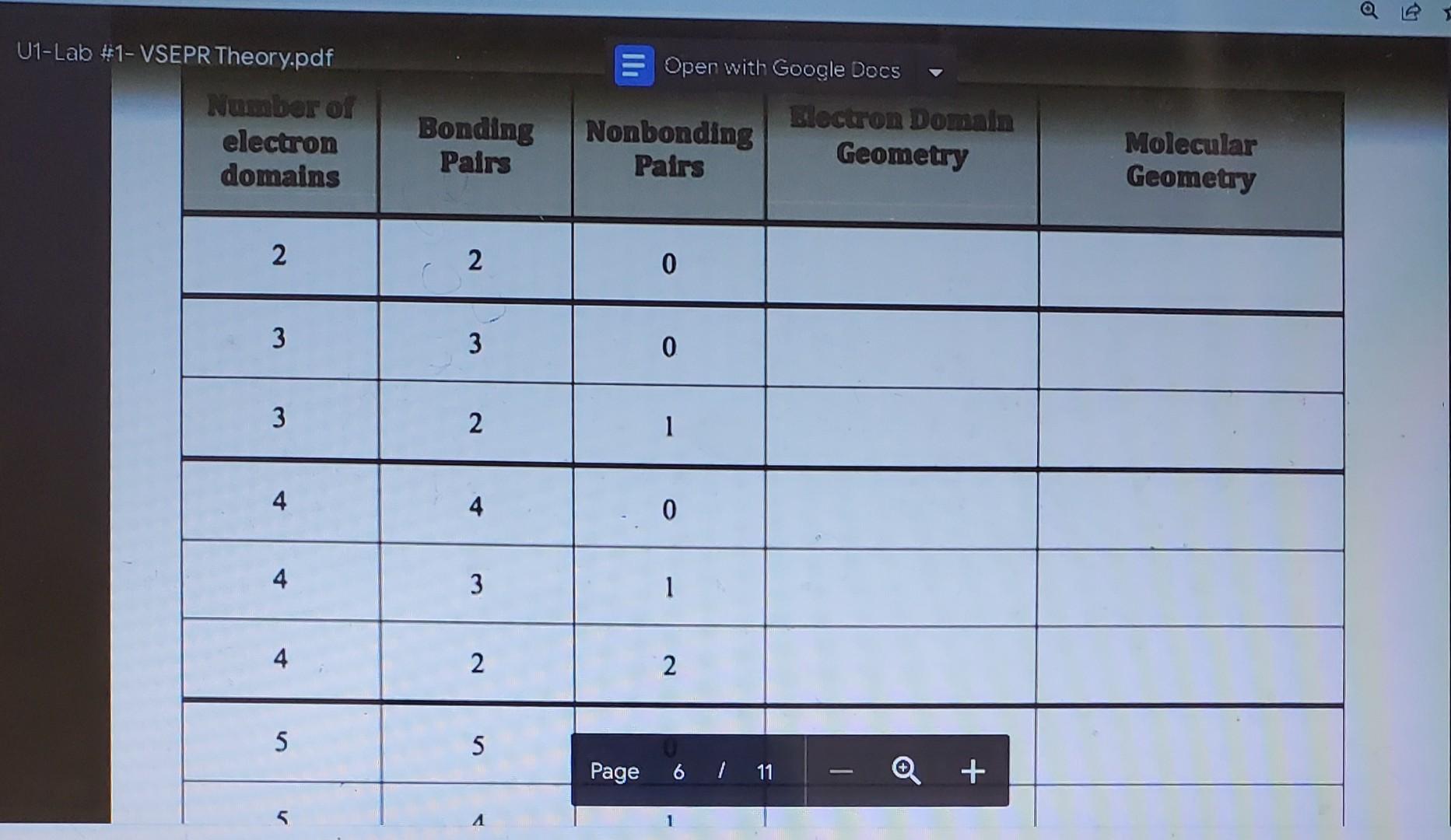 Table 1 Drawing Lewis Structures And Determining Electron Bonding Domains Begin Tabular L Hline Number Of Boa 8