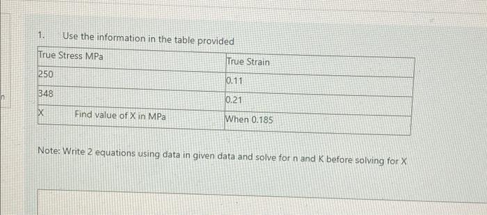 1 Use The Information In The Table Provided True Stress Mpa True Strain 250 0 11 348 N 10 21 X Find Value Of X In Mpa W 1