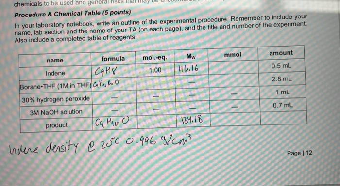 Ure Hemical Table 5 Points In Your Laboratory Notebook Write An Outline Of The Experimental Procedure Remember To 1