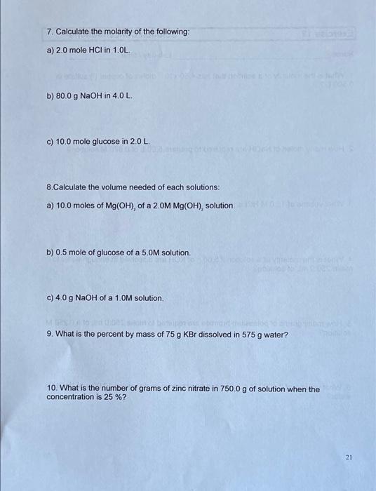 7 Calculate The Molarity Of The Following A 2 0 Mole Hci In 1 0l B 80 0 G Naoh In 4 0 L C 10 0 Mole Glucose In 2 1
