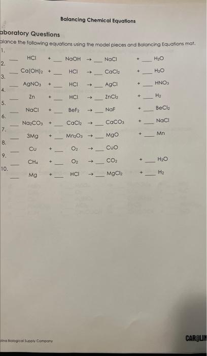 Aboratory Questions Biance The Following Equations Using The Model Pieces And Balancing Equations Mat 1 1