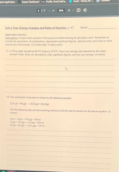 Unit 2 Test Energy Changes And Rates Of Reaction P 4 7 Name Application 3ection Galculations Answer Each Question 1