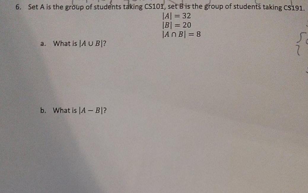 6 Set A Is The Group Of Students Taking Cs101 Set B Is The Group Of Students Taking Cs191 A 32 Ibi 20 Jan Bi 1