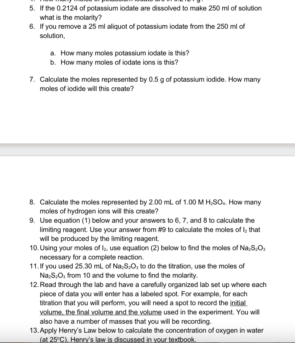 5 If The 0 2124 Of Potassium Iodate Are Dissolved To Make 250ml Of Solution What Is The Molarity 6 If You Remove A 25 1