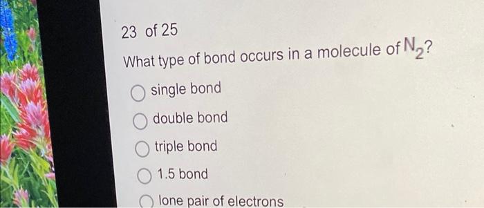 What Type Of Bond Occurs In A Molecule Of N2 Single Bond Double Bond Triple Bond 1 5 Bond Lone Pair Of Electrons 1