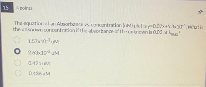 The Equation Of An Absorbance Vs Concentration Um Plot Is Y 0 07x 5 3 10 4 What Is The Unknown Concentration If The 1
