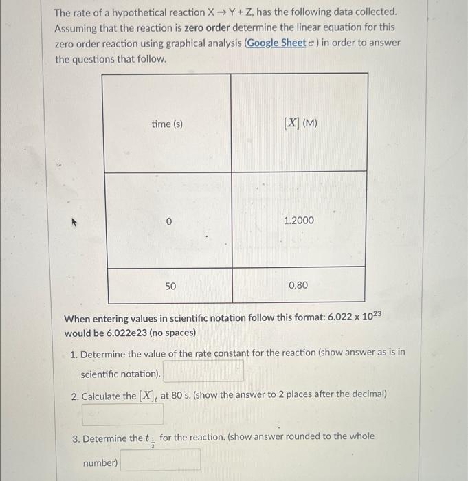 The Rate Of A Hypothetical Reaction X Y Z Has The Following Data Collected Assuming That The Reaction Is Zero Order De 1