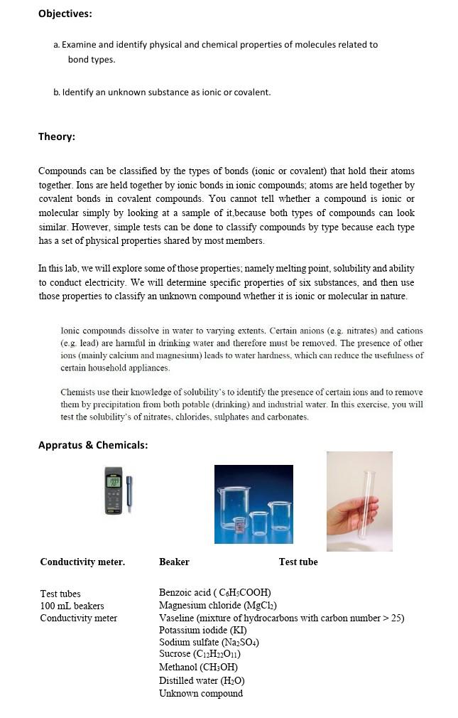 Objectives A Examine And Identify Physical And Chemical Properties Of Molecules Related To Bond Types B Identify An 1