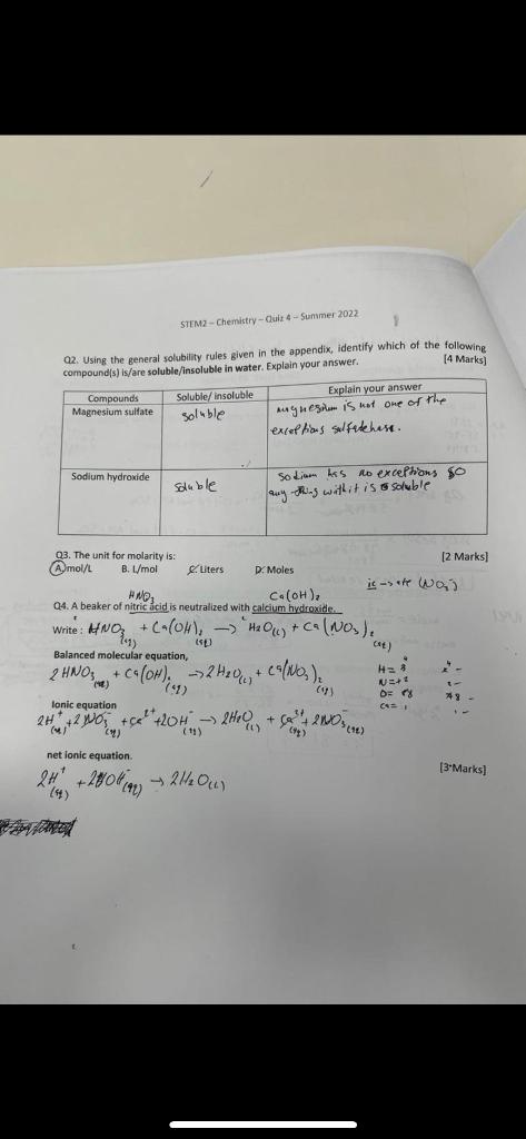 Stem2 Chemistry Ciuiz 4 Sunvmer 2022 Q2 Using The General Solubility Rules Given In The Appendix Identify Which 1