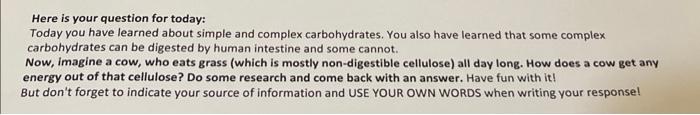 Here Is Your Question For Today Today You Have Learned About Simple And Complex Carbohydrates You Also Have Learned Th 1