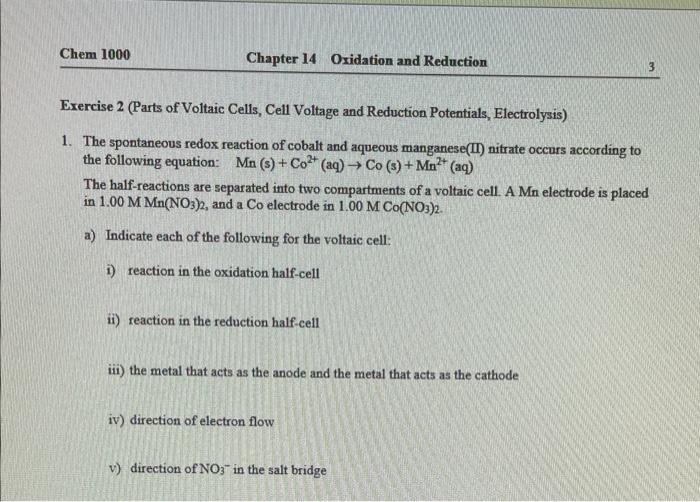 Exercise 2 Parts Of Voltaic Cells Cell Voltage And Reduction Potentials Electrolysis 1 The Spontaneous Redox Reacti 1