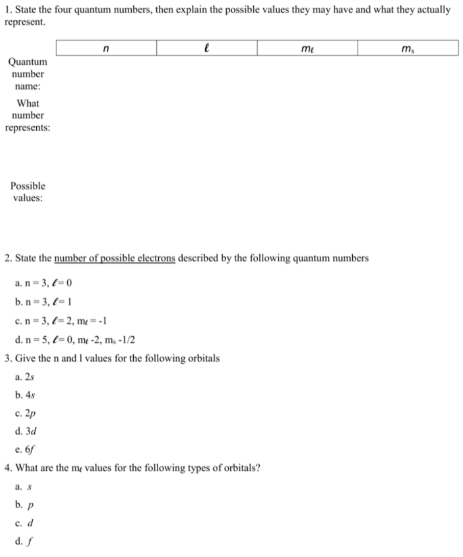 1 State The Four Quantum Numbers Then Explain The Possible Values They May Have And What They Actually Represent Quan 1