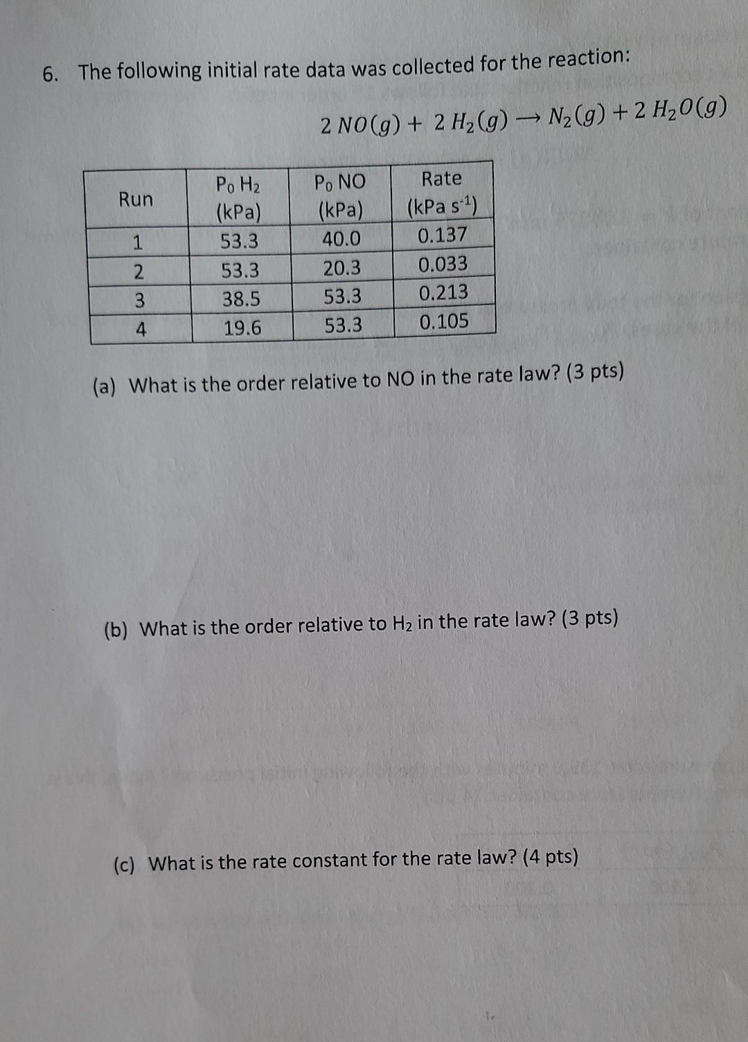 6 The Following Initial Rate Data Was Collected For The Reaction 2 No G 2 H2 G N2 G 2 H20 9 Run 1 Po H Kpa 1