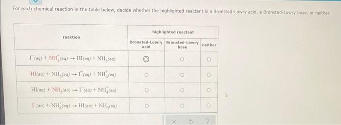 For Each Chemical Reaction In The Table Below Decide Whether The Highlighted Reactant Is A Bronsted Lowry Acid A Brons 1
