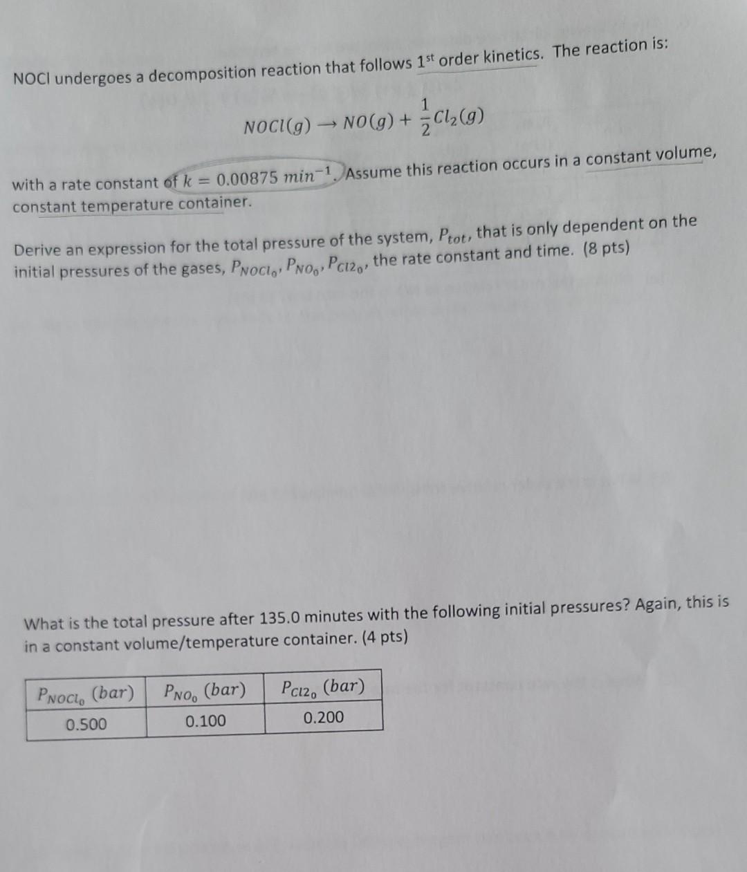 Noci Undergoes A Decomposition Reaction That Follows 1st Order Kinetics The Reaction Is 1 Noci G No G 1 C12 9 1