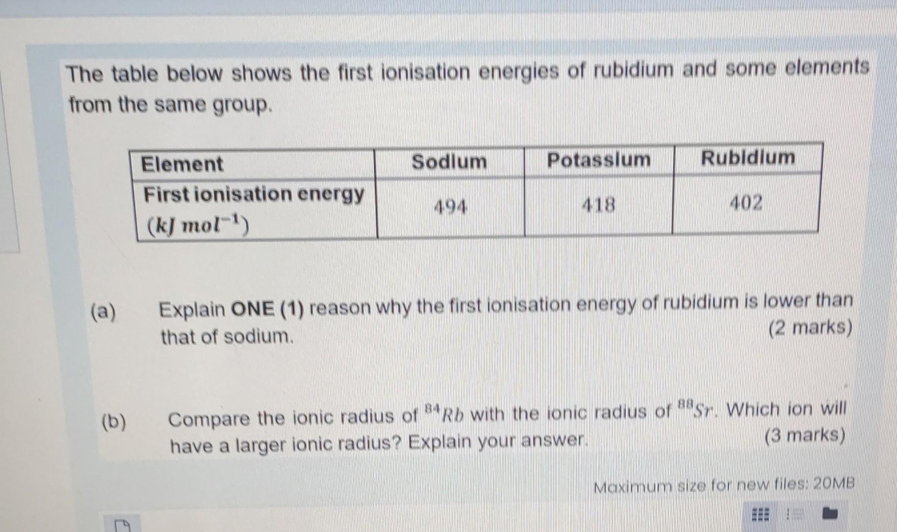 The Table Below Shows The First Ionisation Energies Of Rubidium And Some Elements From The Same Group A Explain One 1