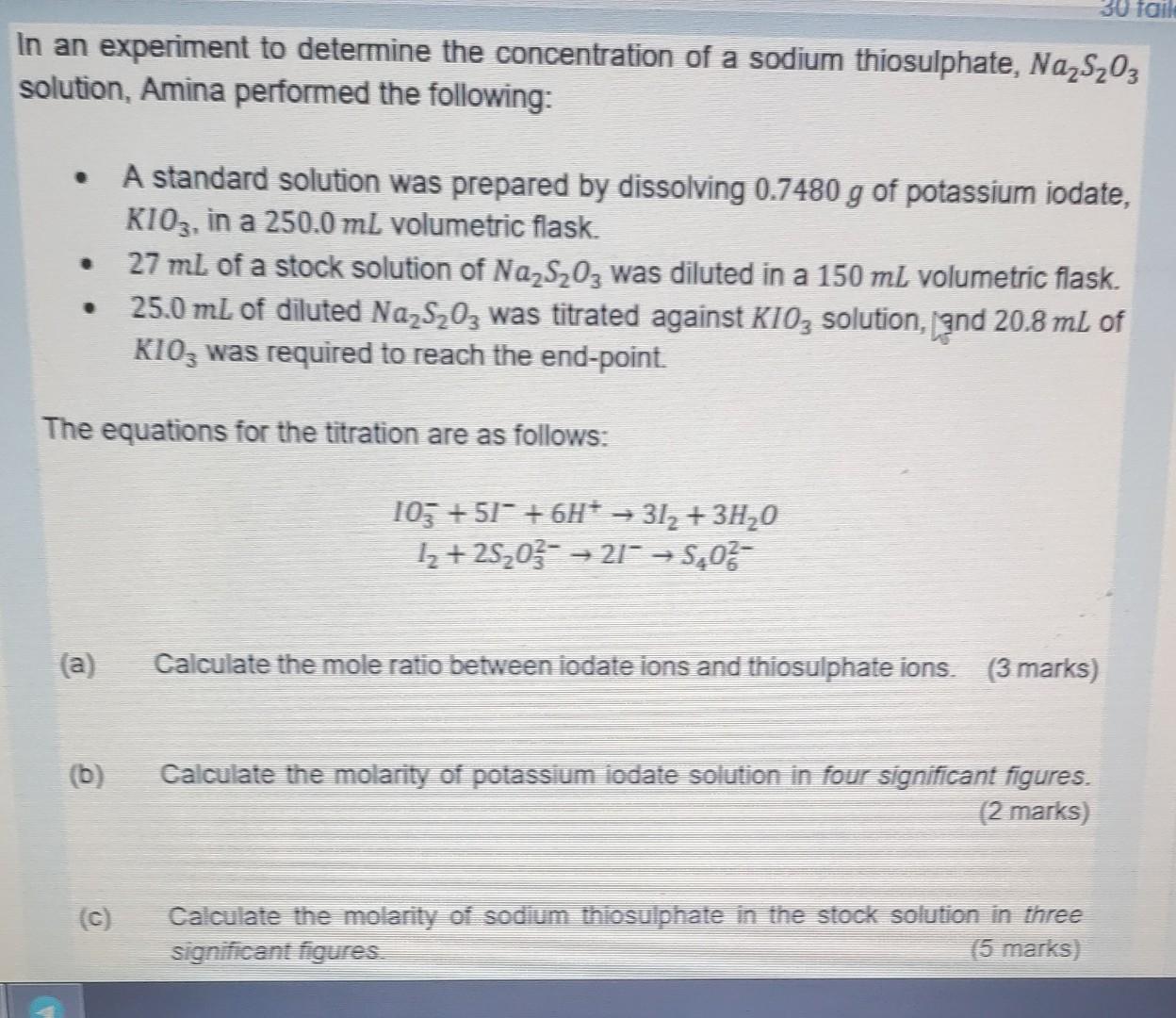 In An Experiment To Determine The Concentration Of A Sodium Thiosulphate Na2 S2 O3 Solution Amina Performed The Foll 1