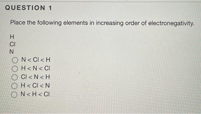 Place The Following Elements In Increasing Order Of Electronegativity Hclnn Cl Hh Nhn Clcl N H Cl N H Cl 1