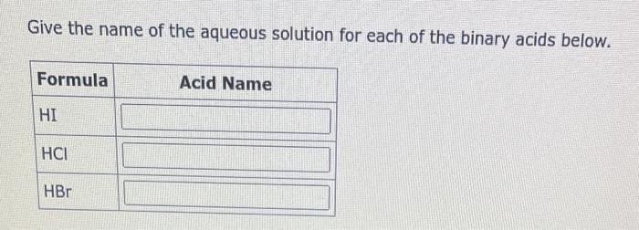 Give The Name Of The Aqueous Solution For Each Of The Binary Acids Below Give The Acid Name For Each Of The Compounds 1