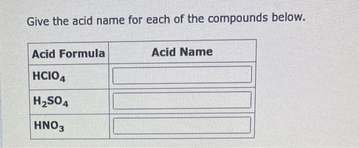Give The Name Of The Aqueous Solution For Each Of The Binary Acids Below Give The Acid Name For Each Of The Compounds 2