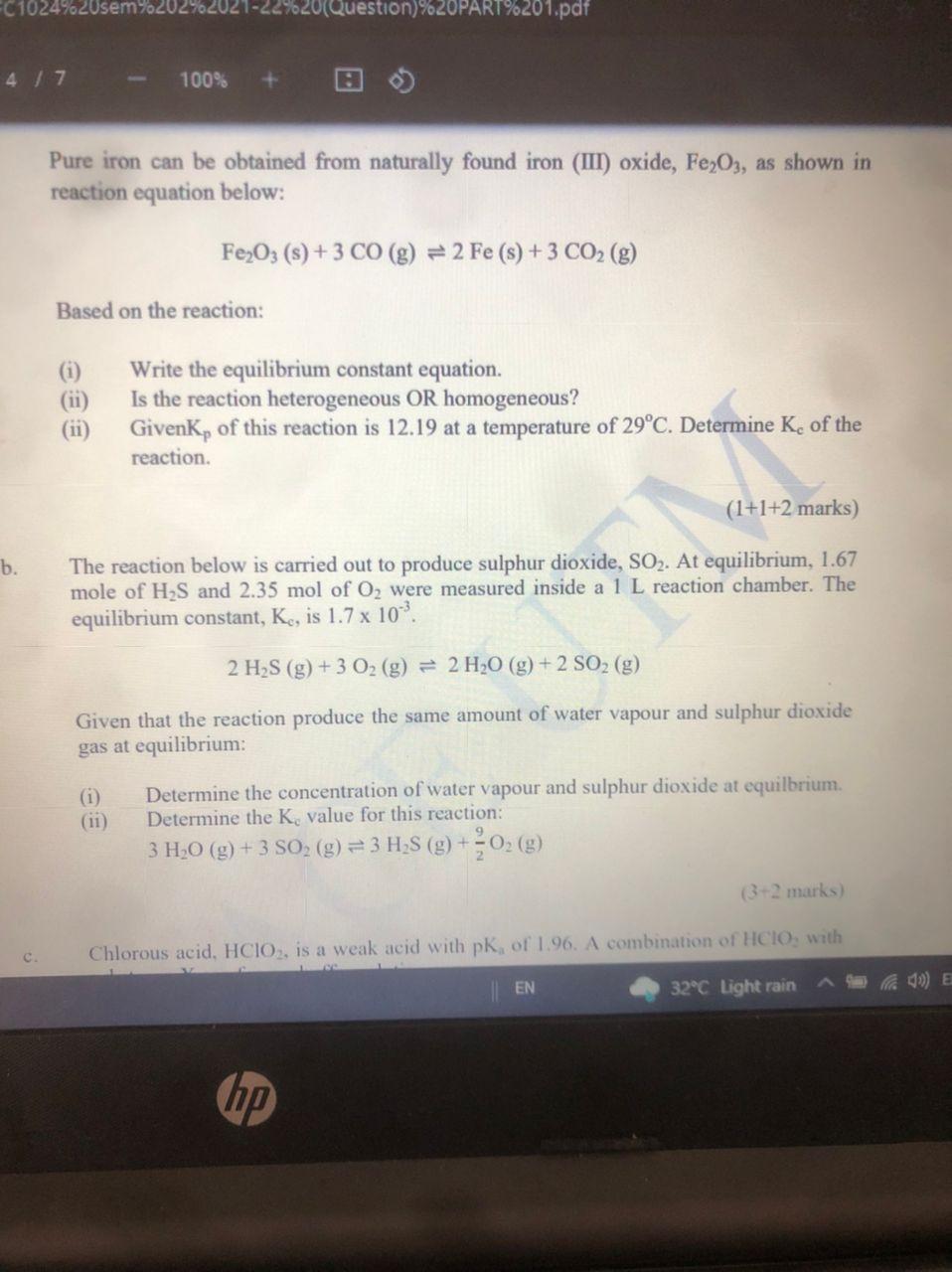 Pure Iron Can Be Obtained From Naturally Found Iron Iii Oxide Fe2 O3 As Shown In Reaction Equation Below Fe2 O3 1