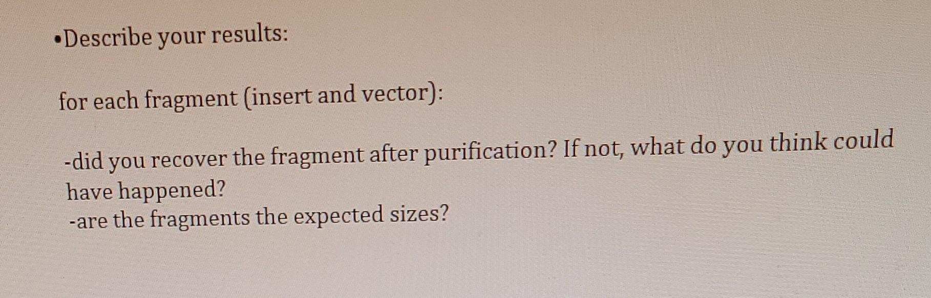 Describe Your Results For Each Fragment Insert And Vector Did You Recover The Fragment After Purification If Not 2