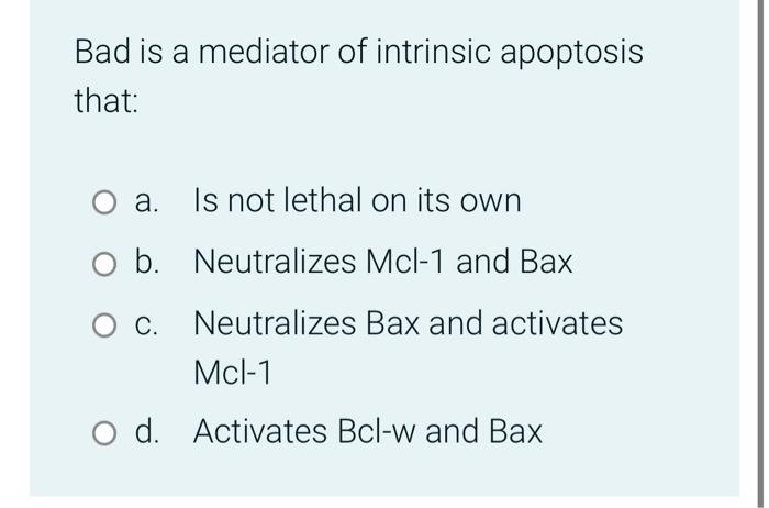 Bad Is A Mediator Of Intrinsic Apoptosis That A Is Not Lethal On Its Own B Neutralizes Mcl 1 And Bax C Neutralizes B 1