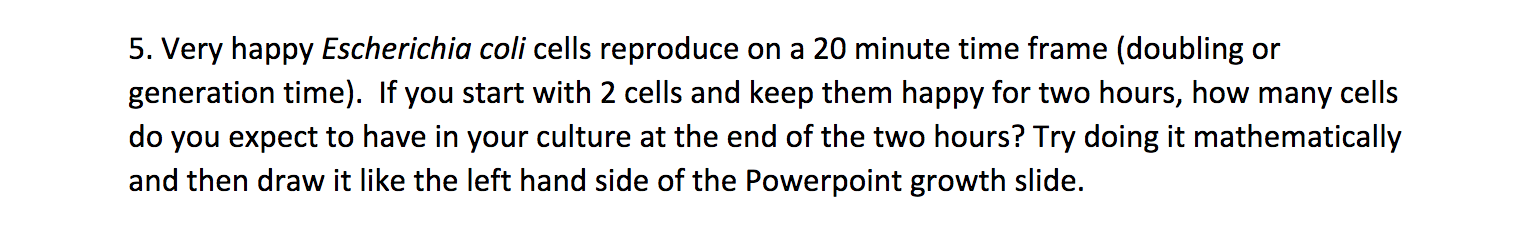 5 Very Happy Escherichia Coli Cells Reproduce On A 20 Minute Time Frame Doubling Or Generation Time If You Start Wit 1