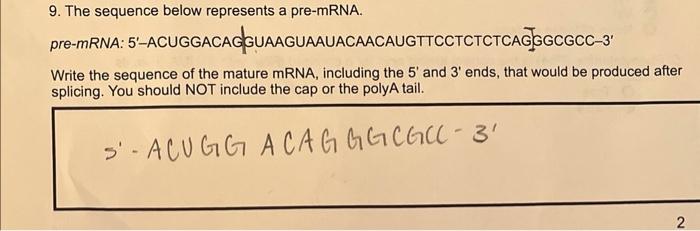 9 The Sequence Below Represents A Pre Mrna Pre Mrna 5 Acuggacagguaaguaauacaacaugttcctctctcagtggcgcc 3 Write The Seq 1